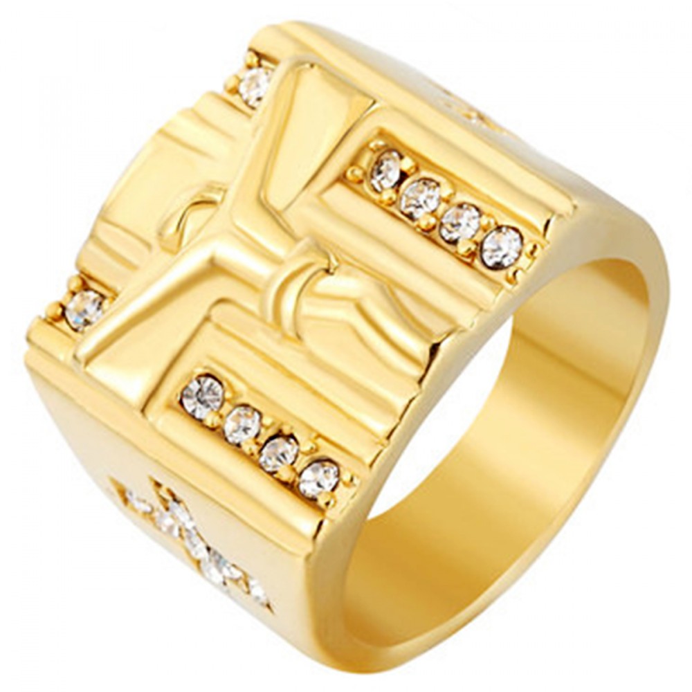 Men's Stainless Steel Gold Plated Crucifix Zirconia Ring