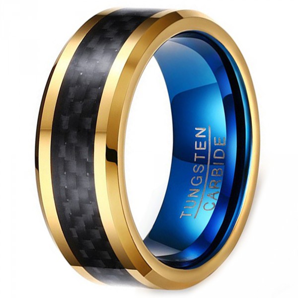 Bague homme tungstene fibre de carbone plaque or a graver