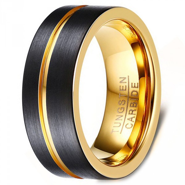 Men's Black Brushed Tungsten Grooved Band Ring