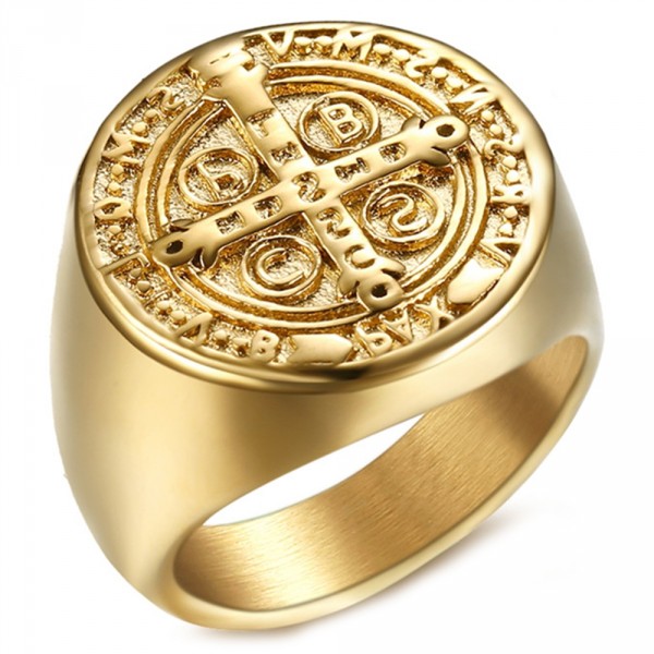 Bague homme acier chevaliere croix plaque or