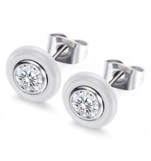 White Ceramic Round Zirconia Inlay Stud Earrings - pair