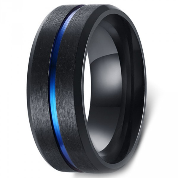 Men's Black Brushed Blue Line Titanium Band Ring
