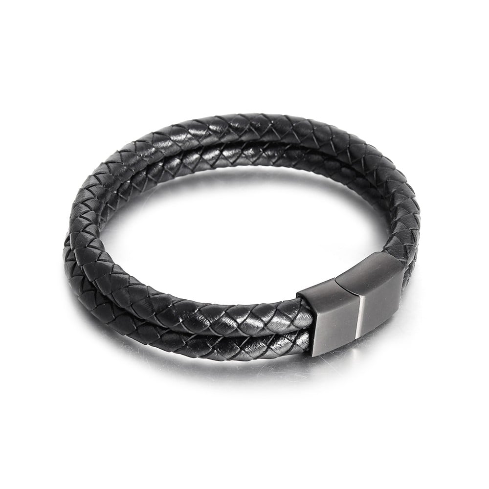 Men's Black Double Cords Leather Stainless Steel Clasp Bracelet
