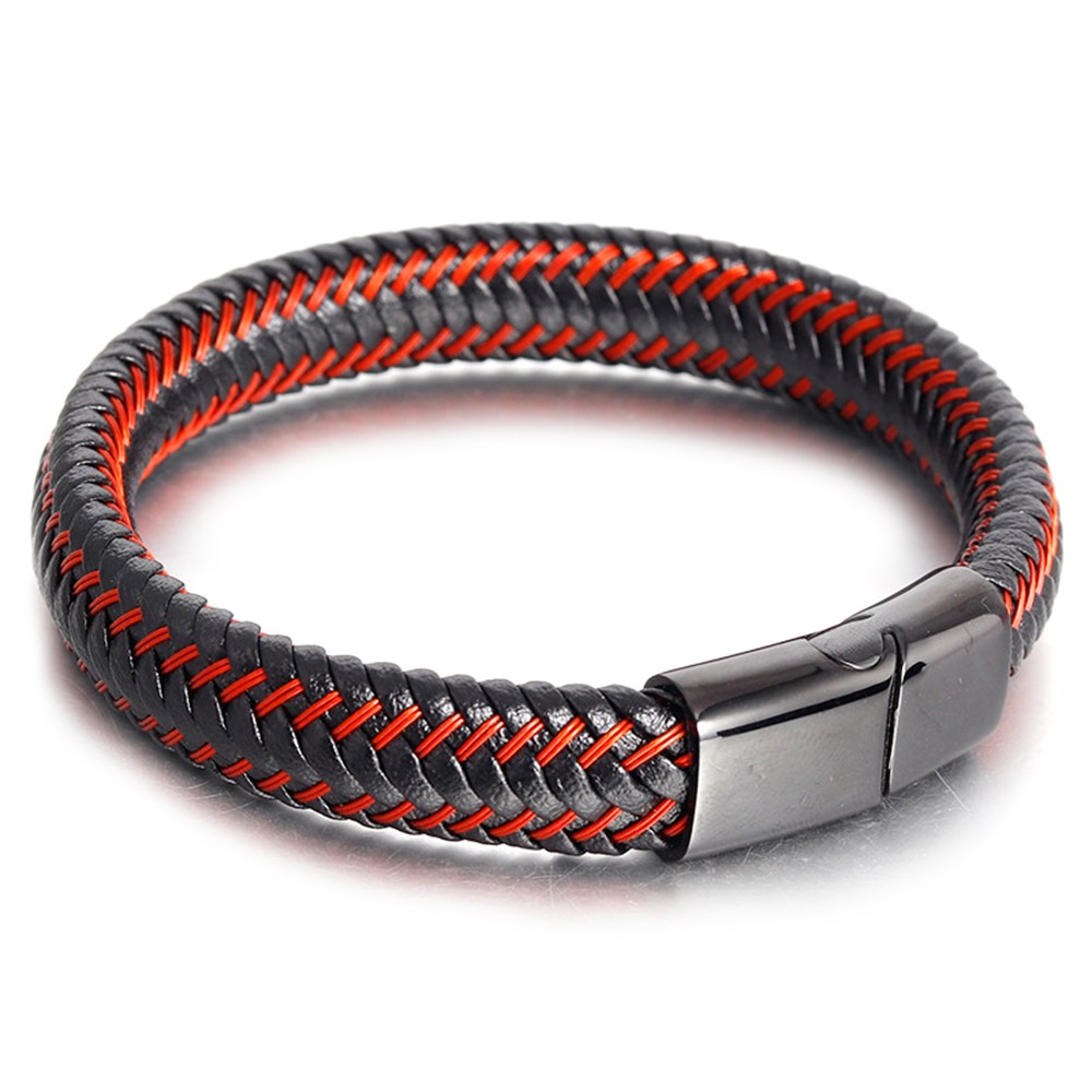 Men's Black Braided Leather Stainless Steel Clasp Bracelet ...