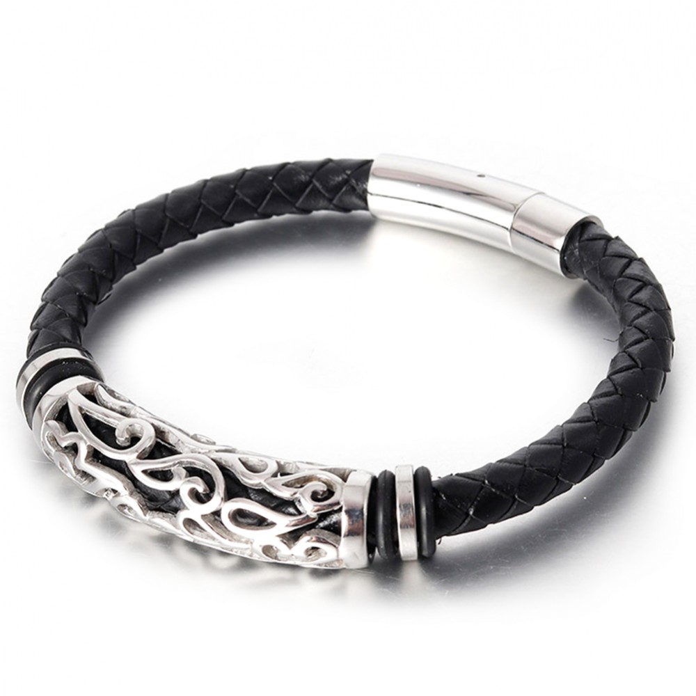 Men's Black Braided Leather Cord Bracelet Magnetic Stainless Steel Clasp -  BijouxStore - webid:520