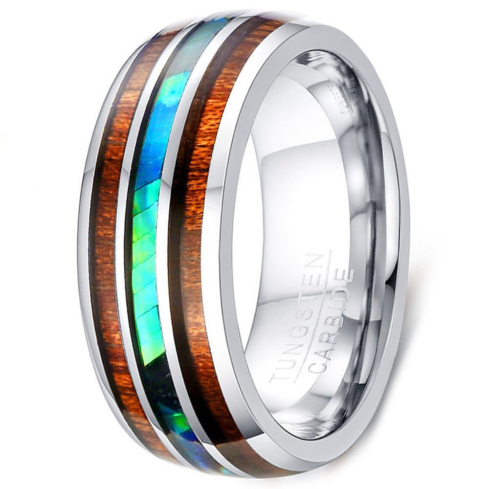 Men's High Polished Abalone Wood Tungsten Custom Engraved Band RIng