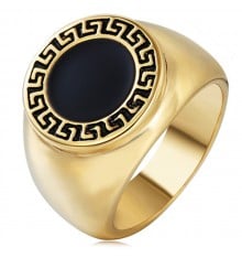 Men's Gold Plated Stainless Steel Black Resin Greek Key Ring