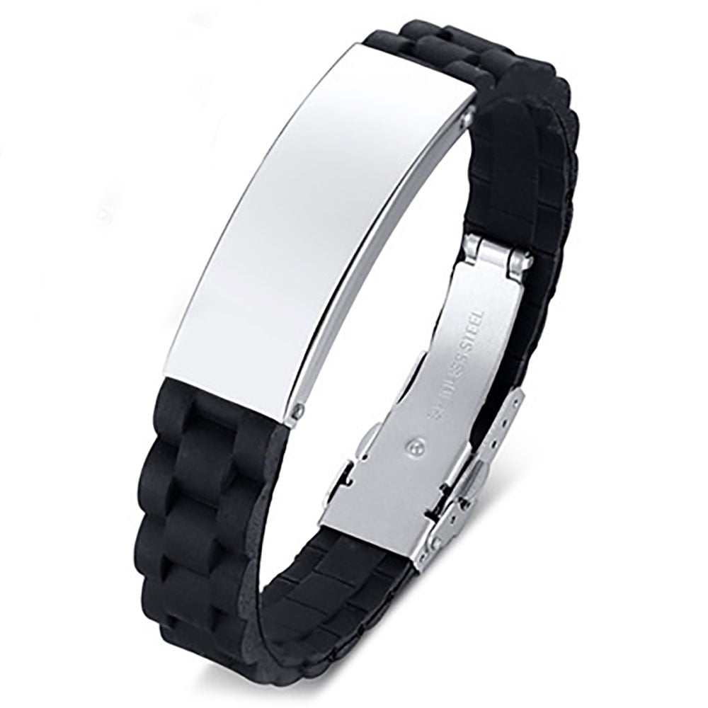 Men's Black Rubber Stainless Steel Custom ID Bracelet BijouxStore