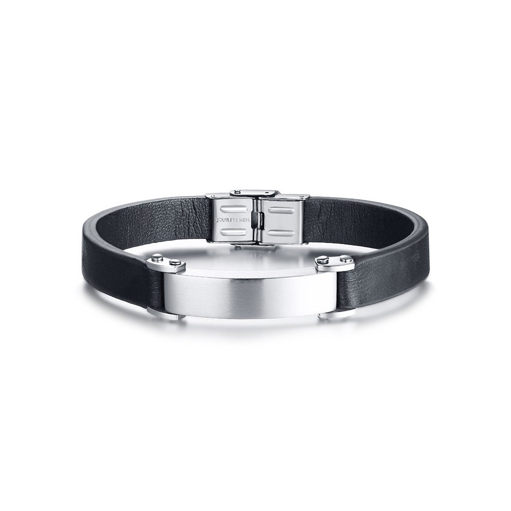 Bracelet Homme en Cuir Noir avec Plaque gravée Bijoux Gourmette