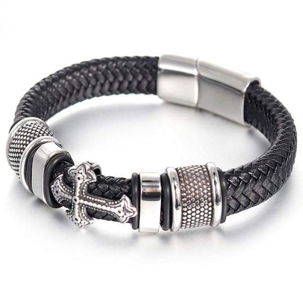 Men's Black Braided Leather Cross Bracelet Stainless Steel Clasp