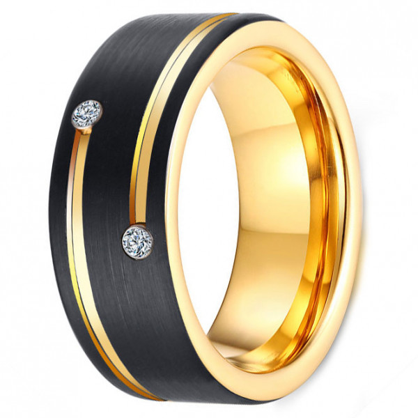 Men's Polished Grooved Tungsten Zirconia Inlay Custom Engraved Ring