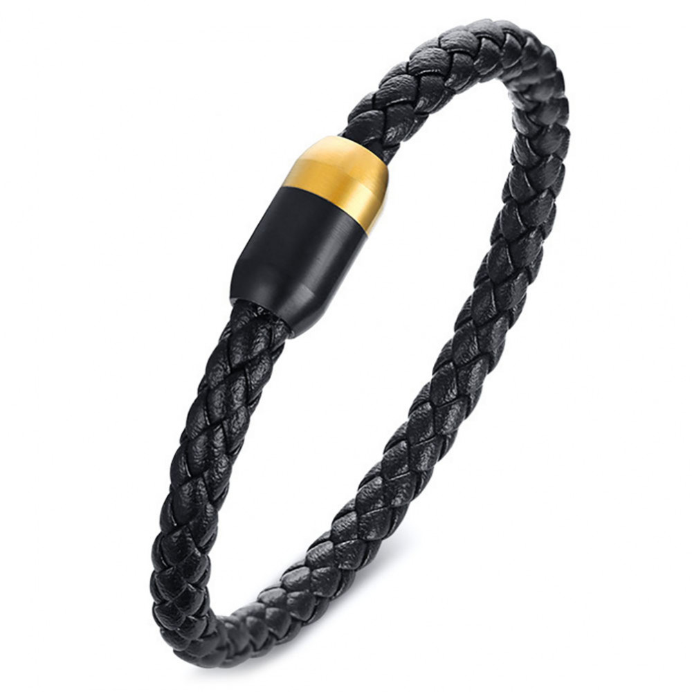 Men S Black Leather Bracelet Stainless Steel Tube Magnetic Clasp
