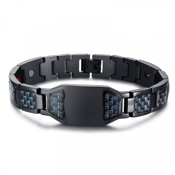 Bracelet homme acier aimante serti fibre de carbone grvure
