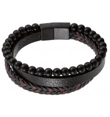 Men's multi-ribbed braided leather bracelet steel clasp