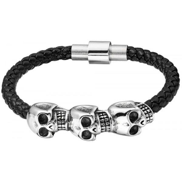 Men's Leather Bracelet Skull Magnetic Stainless Steel Clasp