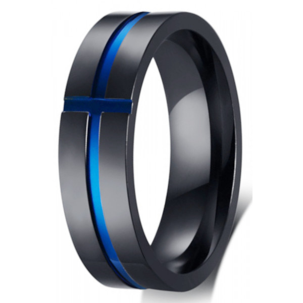 Men's Black Titanium grooved Cross Engraving Band Ring