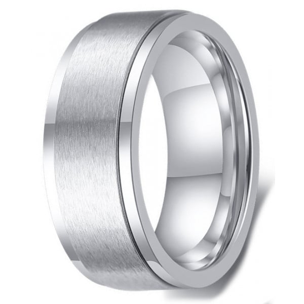 Men's Brushed Titanium Grooved Edge Custom Engraving Band Ring