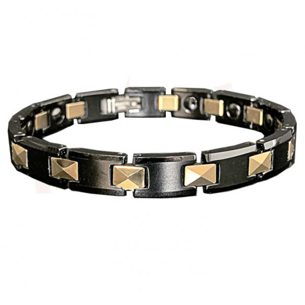 Bracelet homme ceramique noir magnetique 2ton plaque or