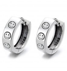 Men's Rhodium Sterling Silver emoji smile Hoop Earrings - pair