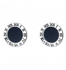 Men's Sterling Silver Stud Roman numerals Black Resin Inlay Earrings - pair
