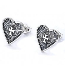 Men's Sterling Silver Stud Heart Cross Earrings - pair