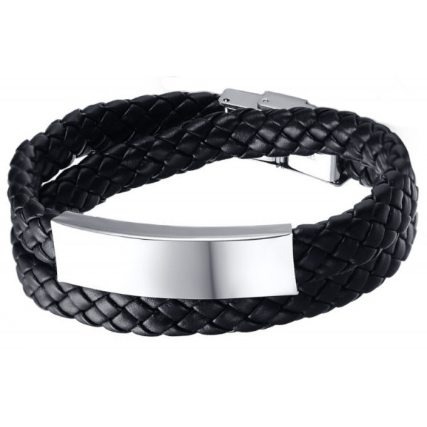 Bracelet homme cuir tresse gourmette acier a graver personnaliser