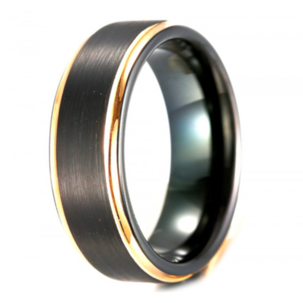 Bague anneau homme tungstene noir bord plaque or