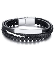 Personalized men's leather bracelet multi line steel curb