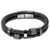 Men's Braided Leather Black Double Cords Stainless Steel Magnetic Clasp Bracelet