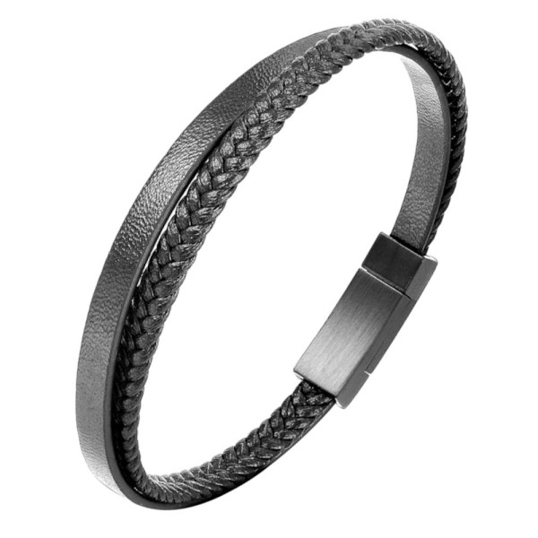 Men's Black Double Braided Leather Bracelet Stainless Steel Cross Clasp