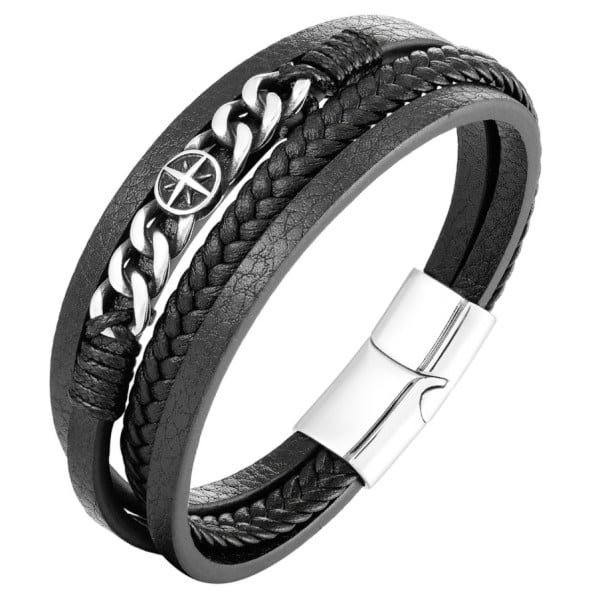 Men's Black Braided Leather Celtic Steel Bracelet