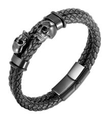 Black Black Braided Leather Bracelet Stainless Steel Skull Clasp