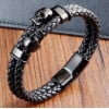 Bracelet homme cuir double cordon tresse noir fermoir tete de mort acier