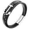 Men's Black Leather Stainless Steel Anchor Bracelet