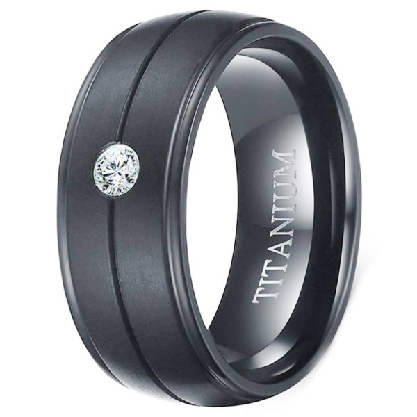 Men's Black Titanium Brushed Zirconia Inlay Custom Engraving Band Ring