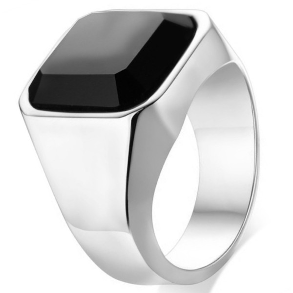 Men's stainless steel Custom Engraving ring with black onxy stone inlay BijouxStore