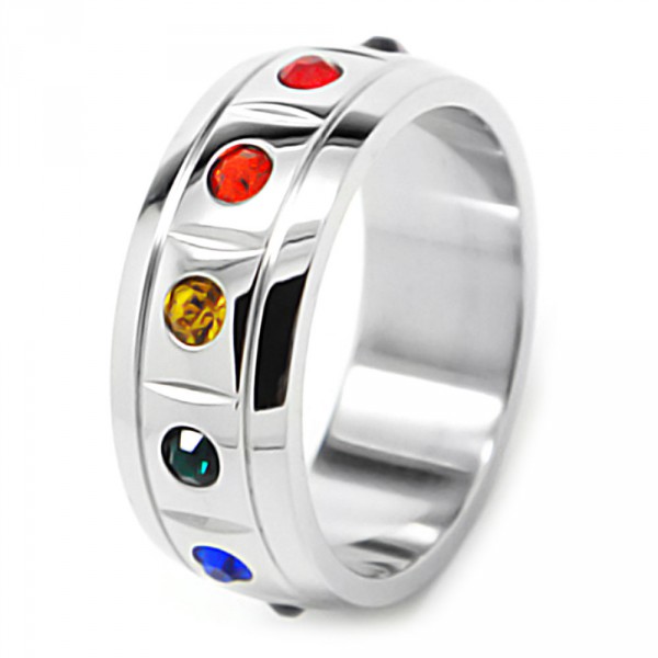 Bague anneau en acier zirconium arc en ciel