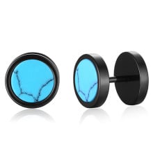 Men's Black Stainless Steel Stud Earrings turquoise Inlay - pair