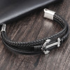 Men's Black Leather Stainless Steel Anchor Bracelet