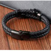 Bracelet homme cuir double cordon tresse noir fermoir tete de mort acier