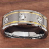 Men's 2Tone Brushed And Gold Plated Grooves 3 Cubic Zirconia Inlay Ring