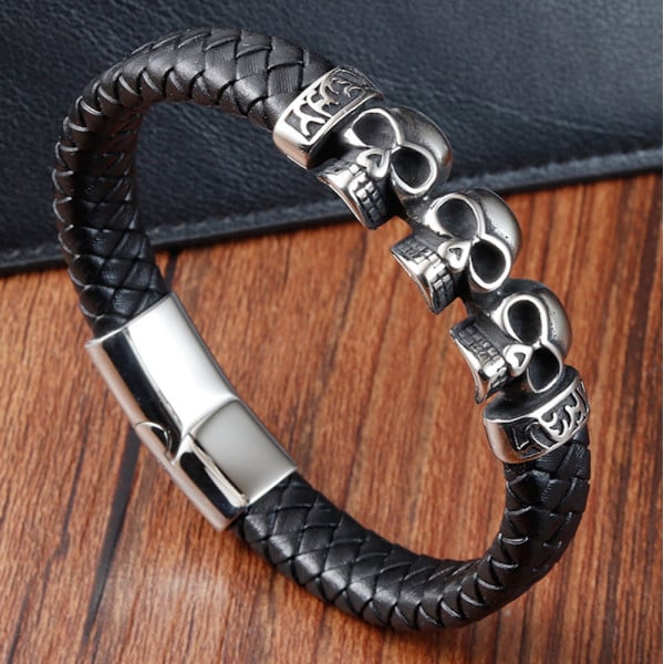 Men's Black Braided Leather Cords Stainless Steel Skull Bracelet