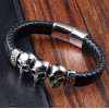 Bracelet homme cuir tresse noir biker tete de mort acier