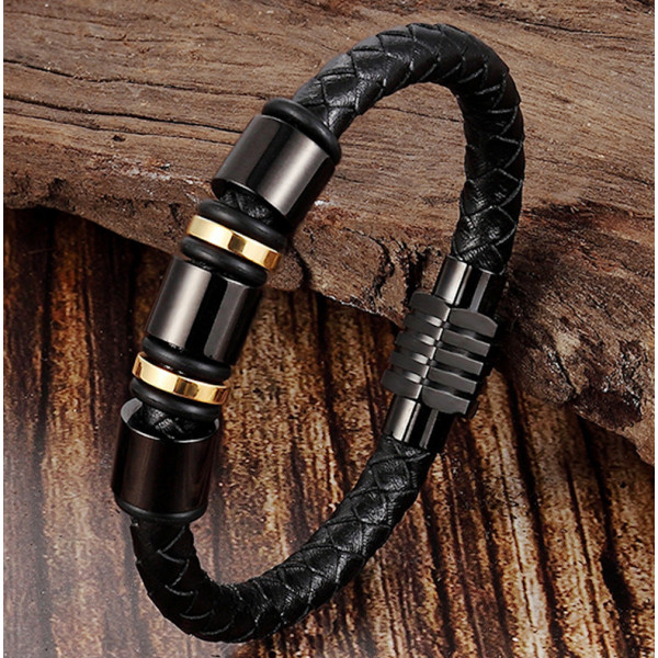 Men's Black Braided Leather Bracelet With Stainless Steel Clasp