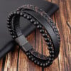 Men's multi-ribbed braided leather bracelet steel clasp