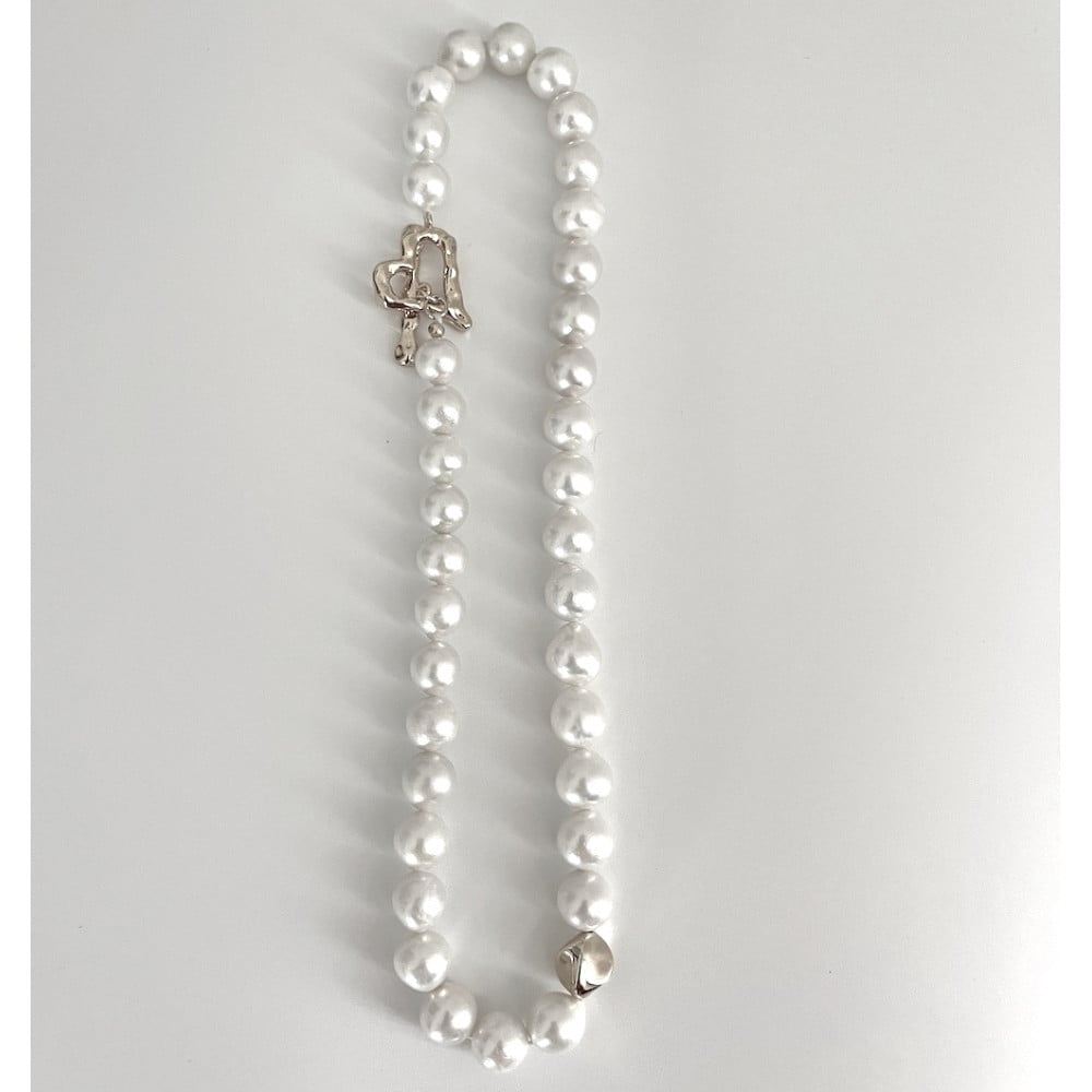 Collier perles eau douce blanches AAA 9-11mm fermoir T coeur plaque or