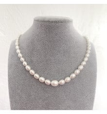 AAA white oval freshwater pearl necklace 5-10mm 925 silver clasp