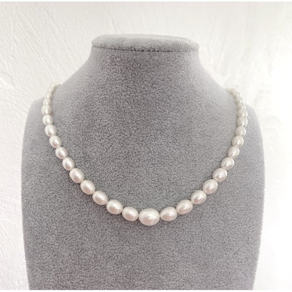 AAA white oval freshwater pearl necklace 5-10mm 925 silver clasp