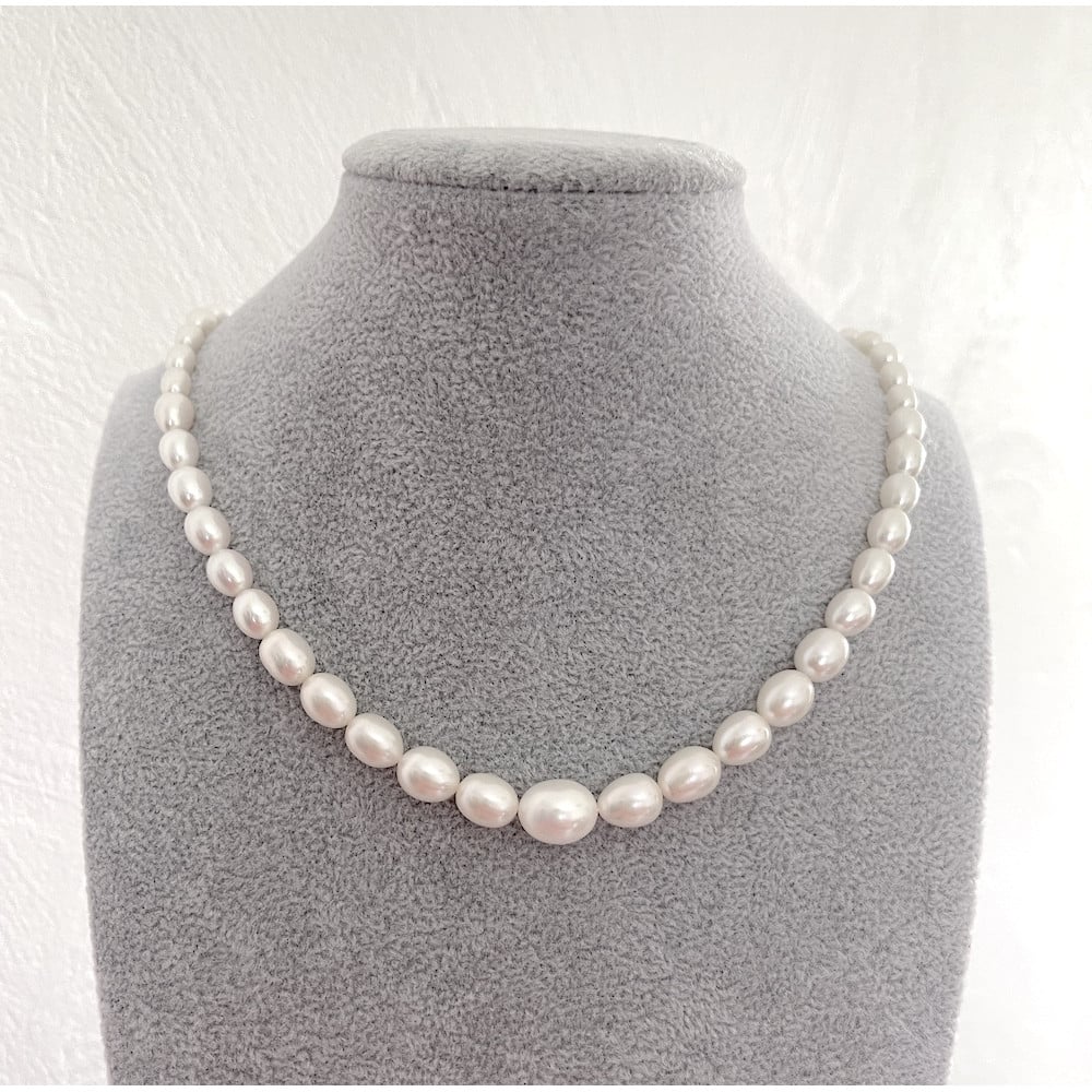 Collar de perlas de agua dulce ovaladas blancas AAA de 5-10 mm con cierre de plata 925