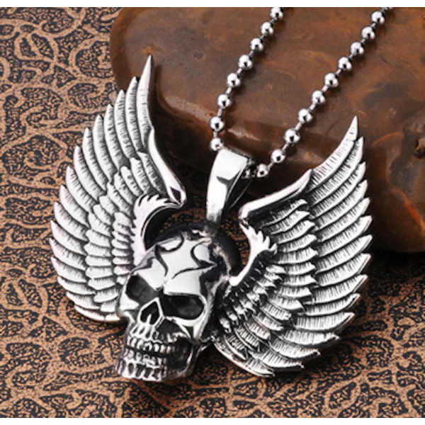 Collier Pour Homme Avec Pendentif Tête De Mort, Croix, Aile - Chaîne Vénitienne 61 Cm, Acier Inoxydable - Style Rock, Cadeau